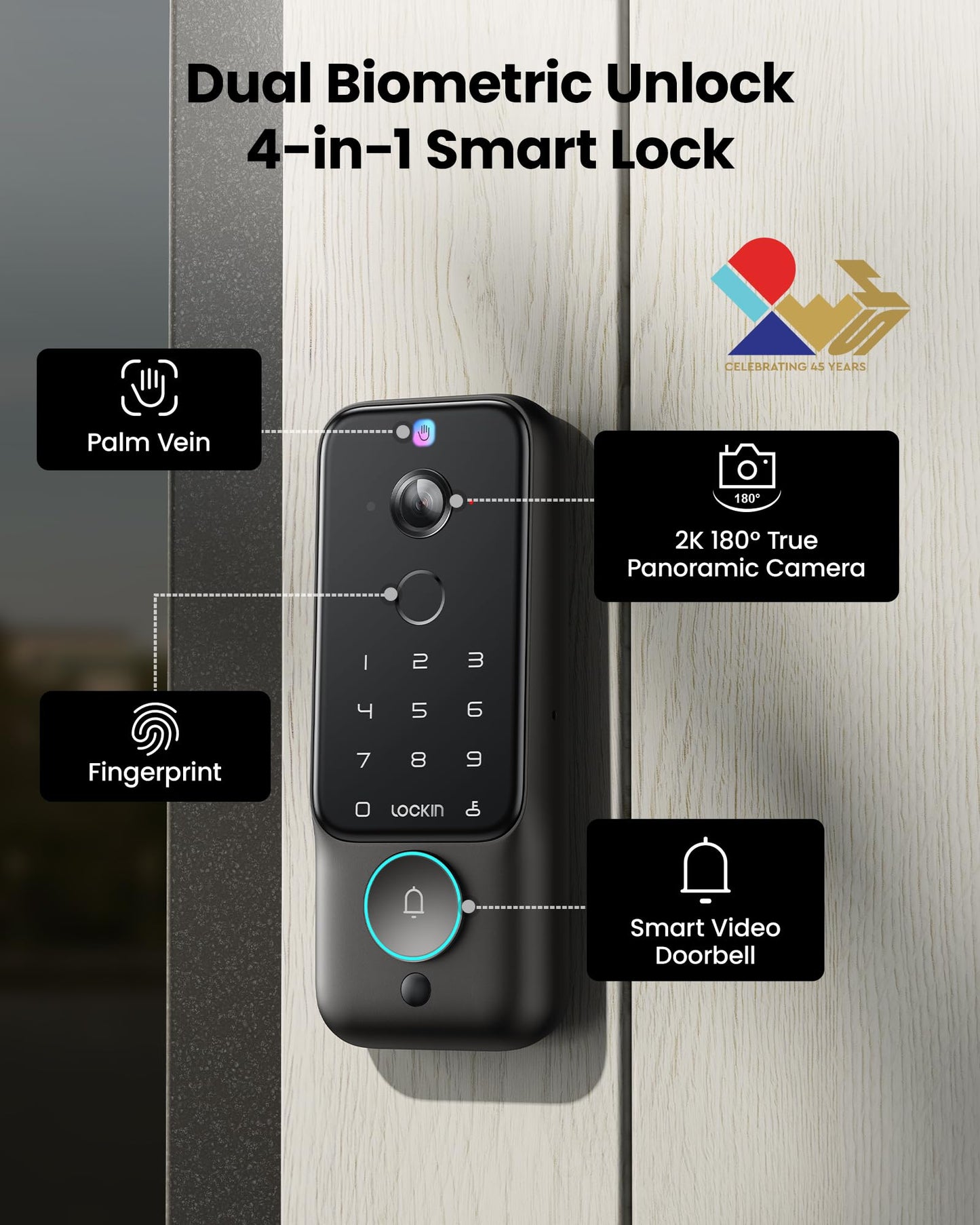 Lockin Venoris Plus - All-in-One Smart Lock for Front Door - Palm Vein & Fingerprint Keyless Entry - 2K 180° Ultra-Wide Camera, Night Vision, Built-in WiFi & 8GB Storage - No Monthly Fee