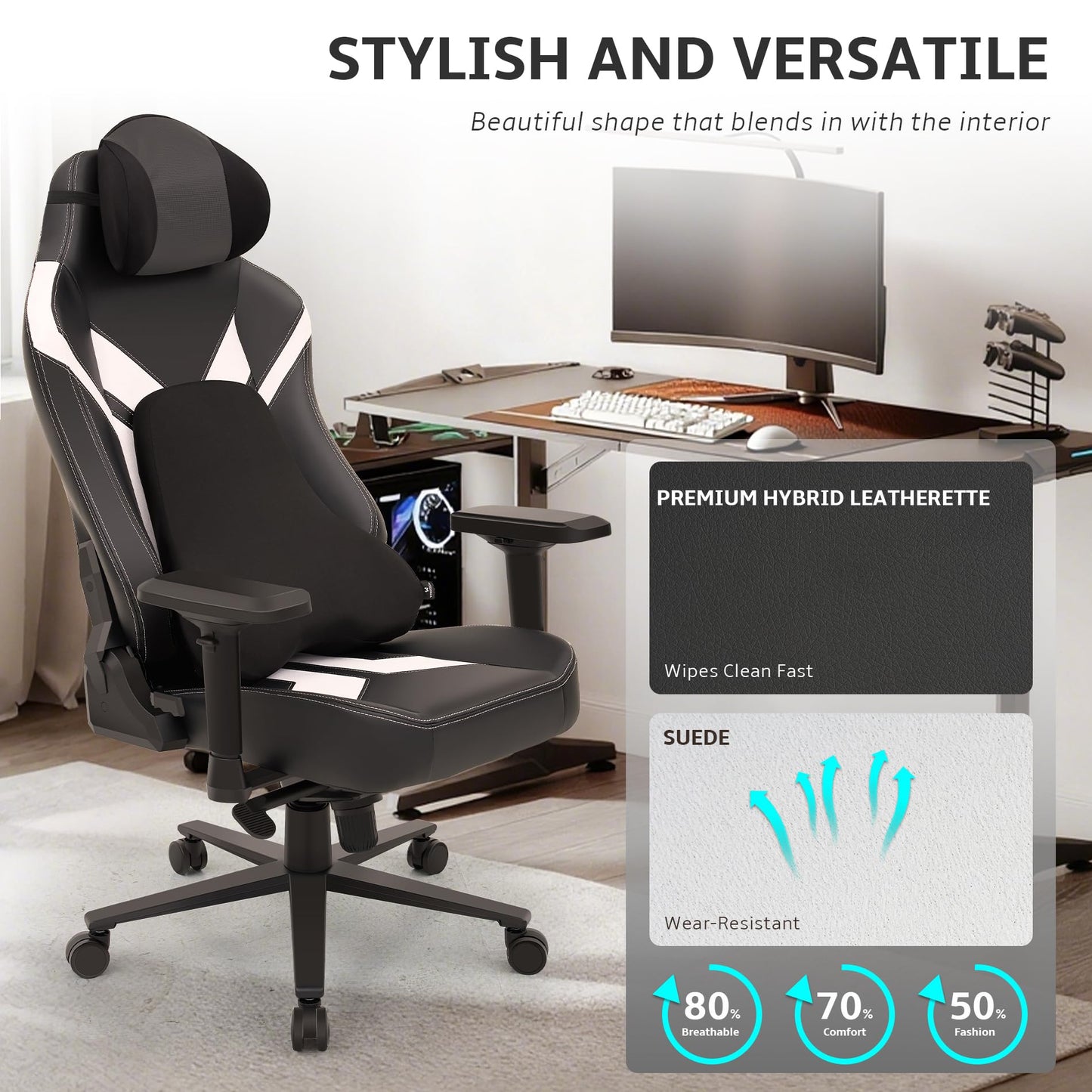 Ergonomic Gaming Chair, Wyrdforging Computer Desk Chairs, 4D Armrests, High Back Office Chair With Headrest & Lumbar Pillow, Tilt Rocker Recliner, Heavy-Duty Base, Black PU Leather & White Suede Combo