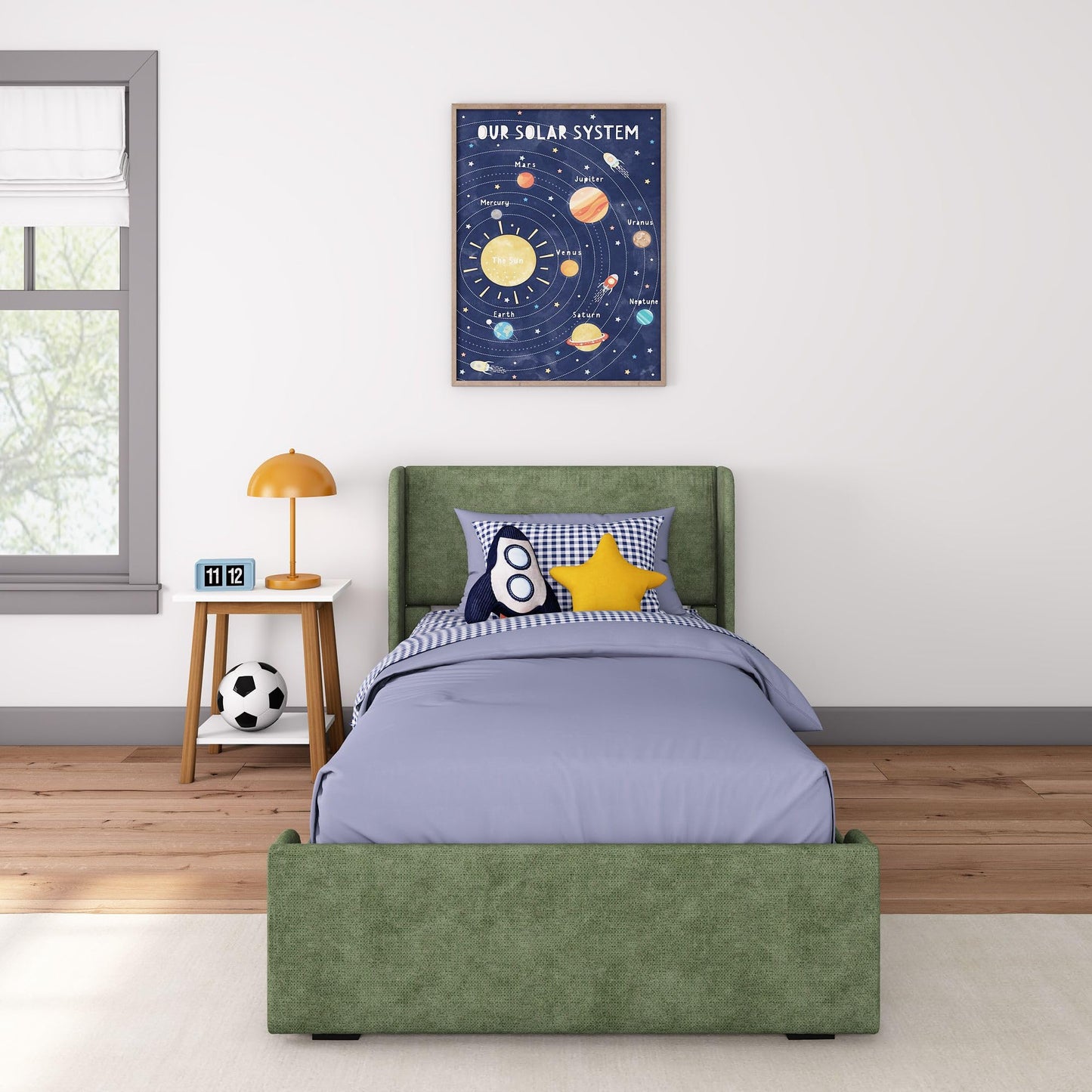 Max & Lily Upholstered Twin Bed Frame with Rectangular Headboard and Two Storage Drawers, Upholstered Platform Bed for Kids, No Box Spring Needed, Easy Assembly, Green