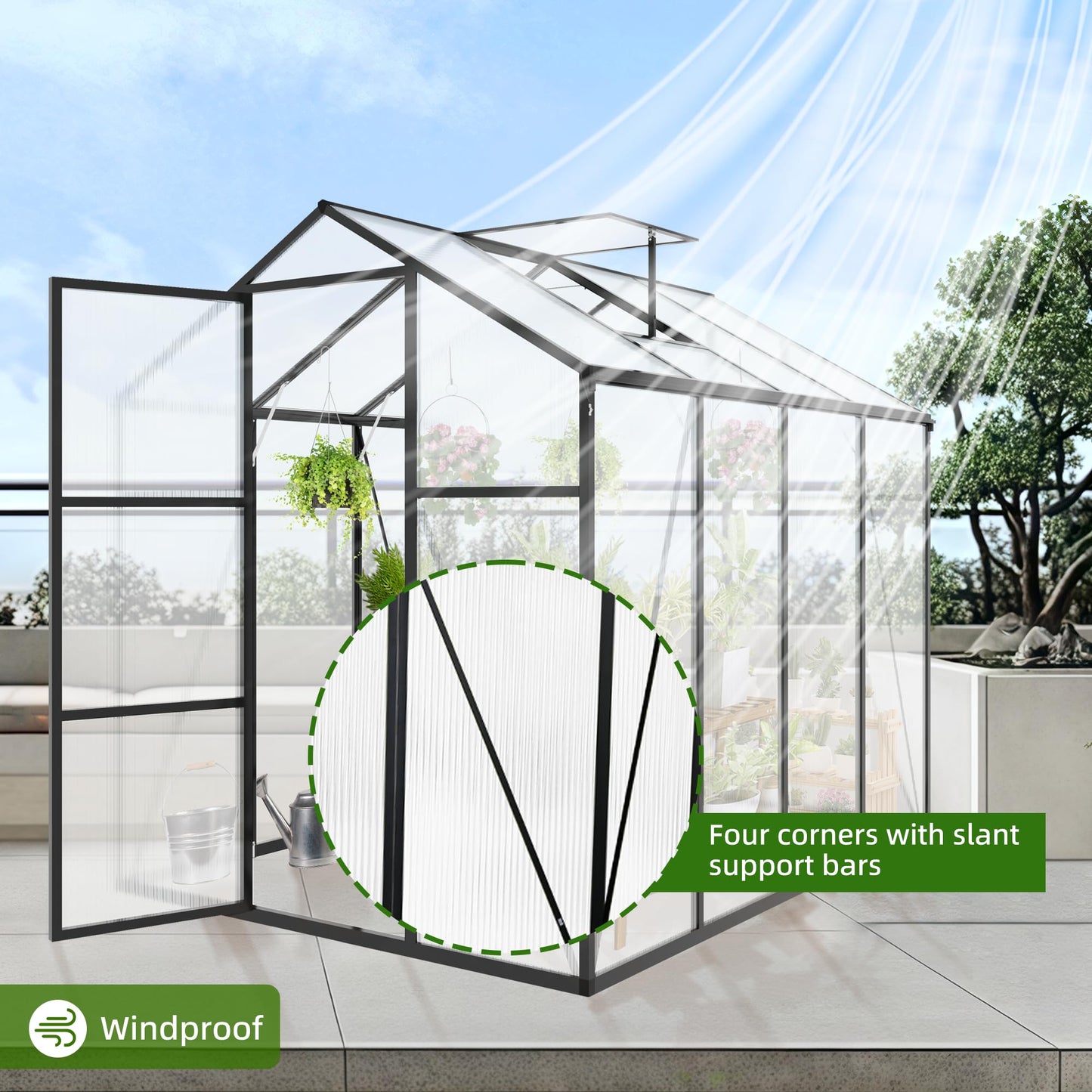 YOPTO 6x8 FT All Weather Greenhouses for Outdoor,Heavy Duty Polycarbonate Greenhouse, Walk-in Garden Green House with Raised Base and Ventilation Window for Outside, Backyard,Black