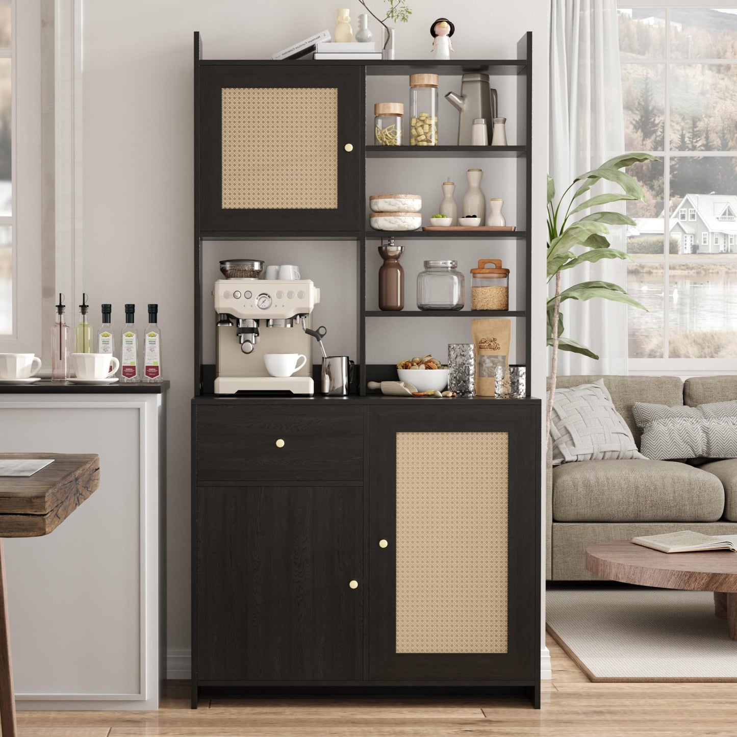 71'' Tall Kitchen Pantry Storage Cabinet, Kitchen Hutch Bar Cabinet with Microwave Stand, Farmhouse Buffet Cabinet w/Drawer, 3 Adjustable Shelf & 3 Rattan Doors for Kitchen, Dining Room (Black)