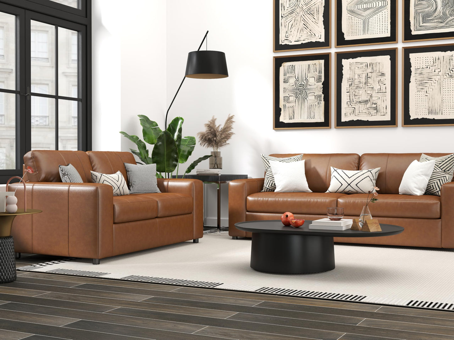 Roundhill Furniture Sakan Leather Upholstered 2-Piece Living Room Set, Sofa and Loveseat, Caramel