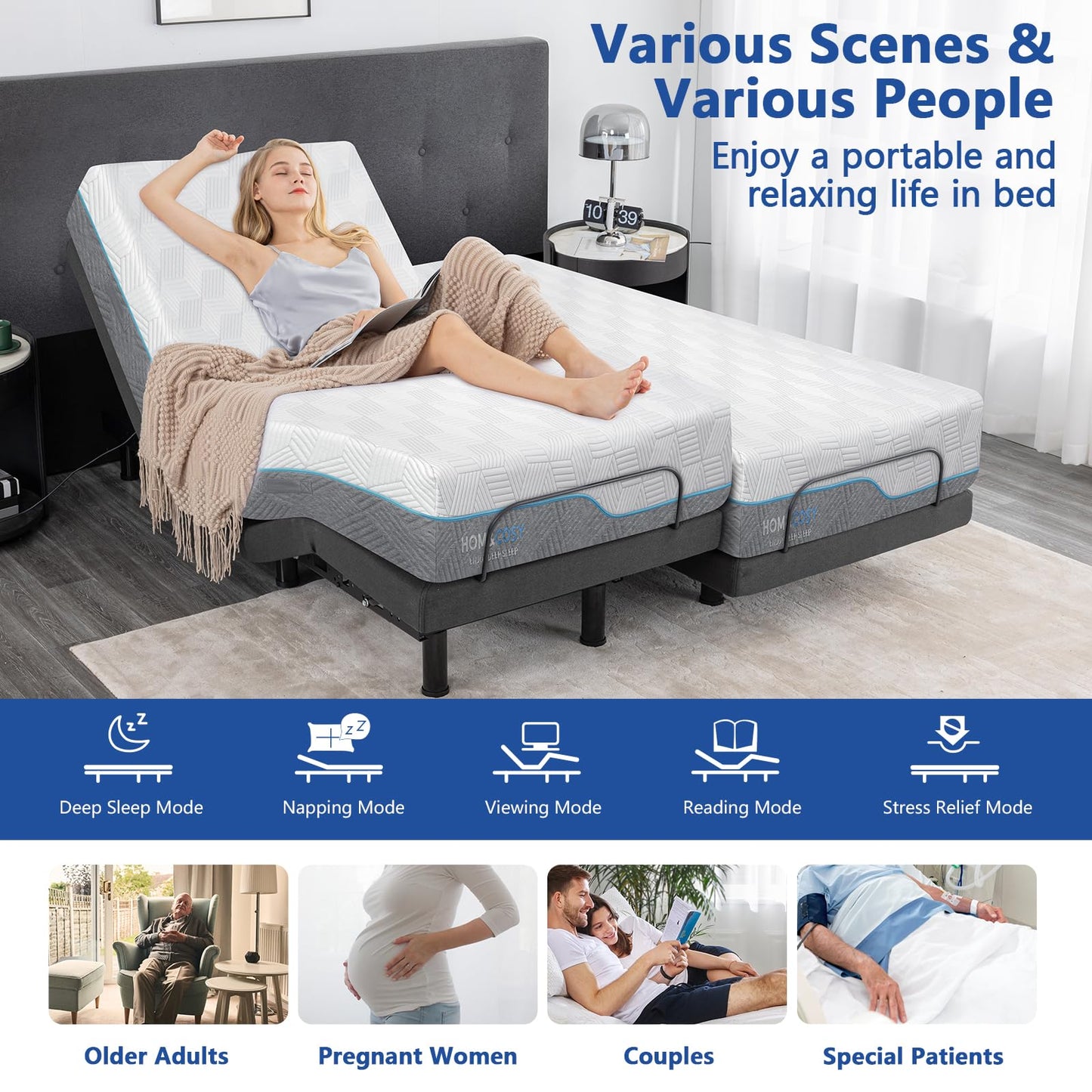 Queen Adjustable Bed Base with Mattress, 14 Inch Gel Memory Foam Two-Side Medium-Firm/Firm Mattress in Box, Updated Adjustable Bed Frame with Thickened Foam Frame, Wireless Remote, Electric Smart Bed
