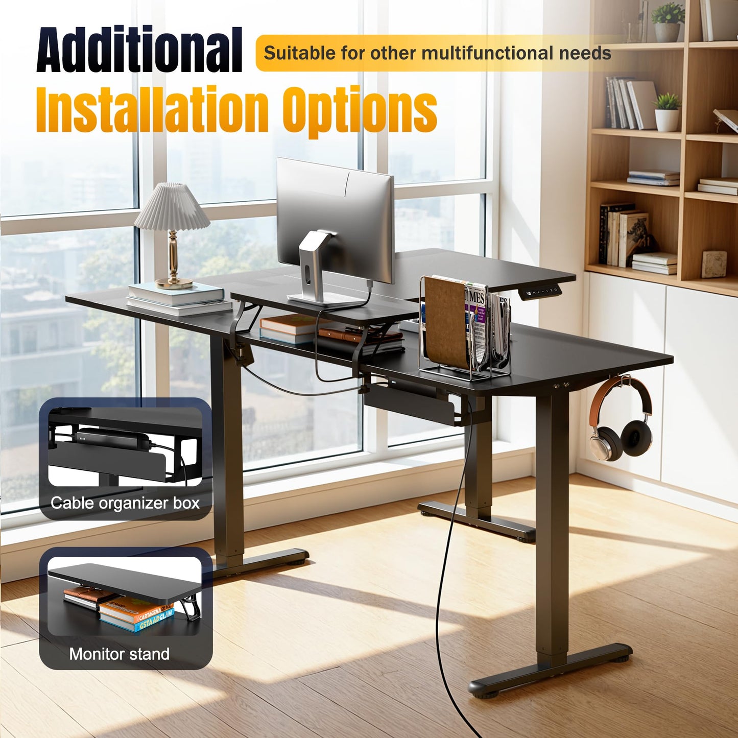 Shahoo L Shaped Electric Standing Desk, 63"x47.2" Corner Height Adjustable Sit Stand Desk with Monitor Riser, Ergonomic Stand Up Desk, 154 LBS Load Capacity Quiet Motor Home Office Computer Desk