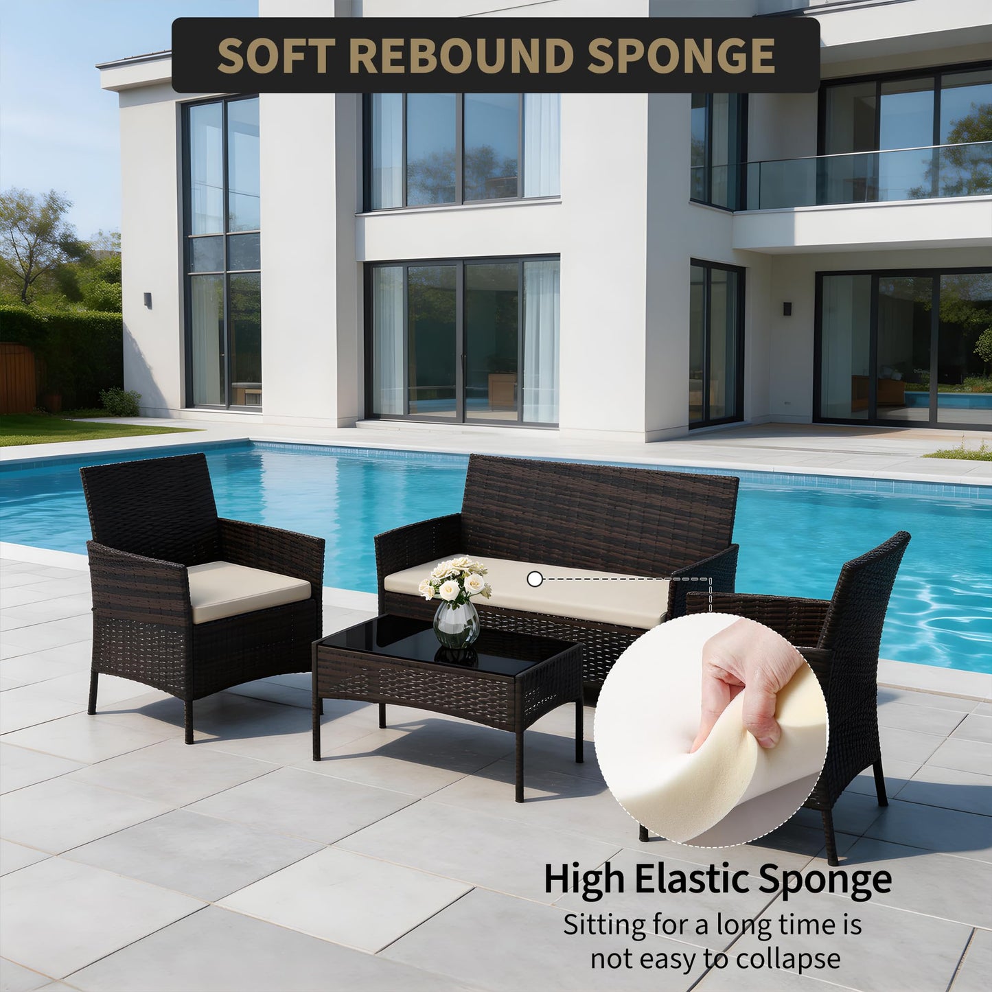 4-Piece Patio Furniture Set, Outdoor Wicker Conversation Set with Tempered Glass Coffee Table, Heavy Duty PE Rattan Sectional Sofa & Washable Cushions for Backyard, Deck, Poolside (Black Rattan/Beige)