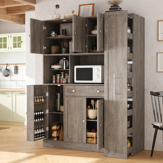 Merax 70'' Tall Traditional Freestanding Buffet with Hutch, Large Kitchen Pantry Storage Cabinet Cupboard with Pull-Out Side Cabinet, Door Shelves and Drawer, Brown