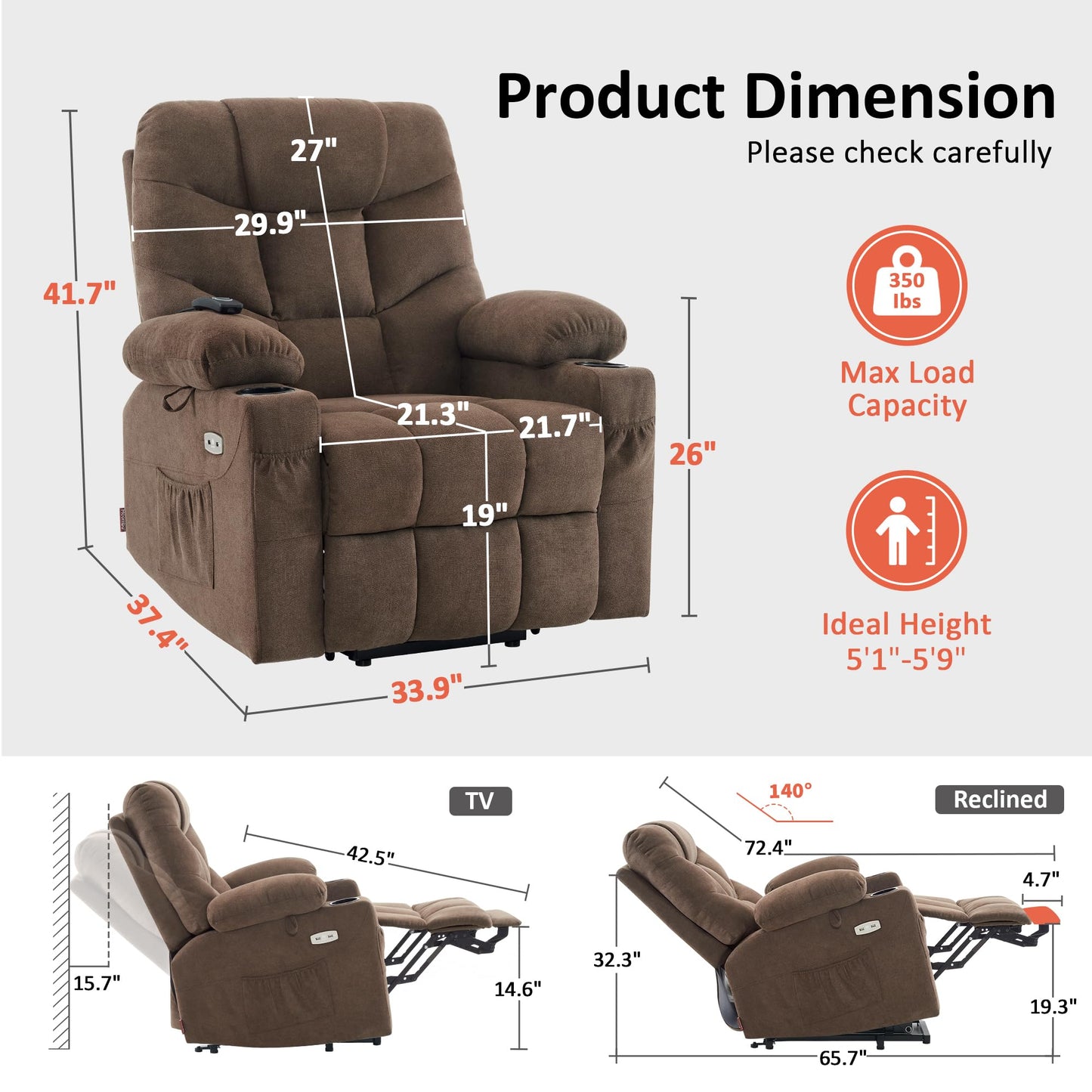 MCombo Power Lift Recliner Chair with Extended Footrest for Elderly People, Fabric 7287 (Brown, Medium)
