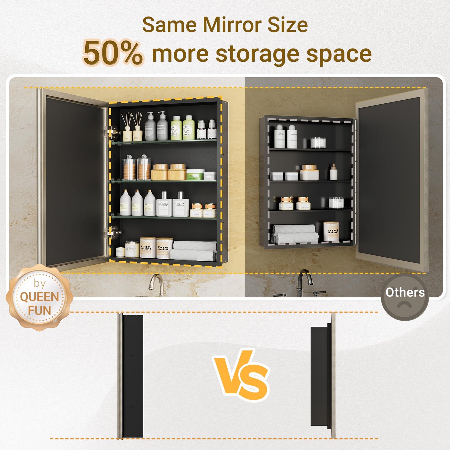 QueenFun 16x26 Pre-Assembled Bathroom Medicine Cabinet Mirror, Surface or Recessed Brushed Nickel Medicine Cabinet with Mirror & Rustproof Aluminum Frame, Beveled Bathroom Vanity Mirror with Storage