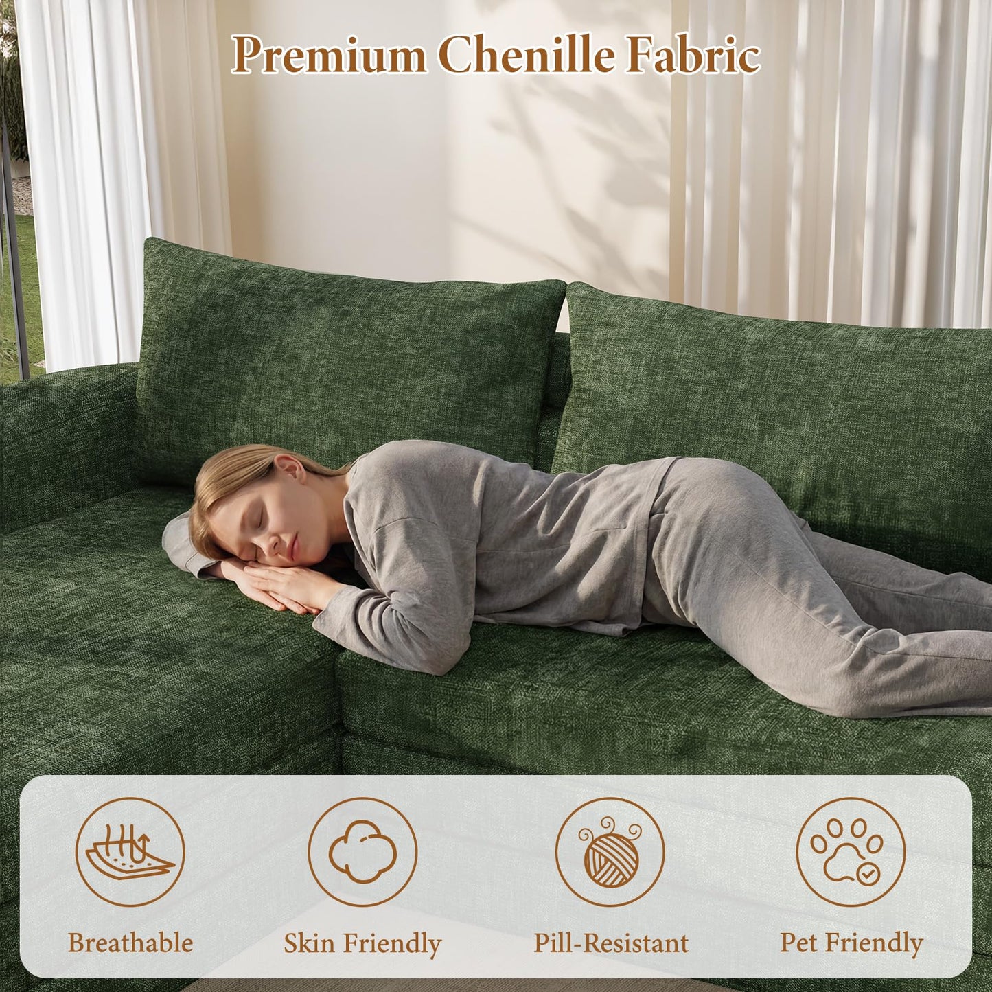 Vesgantti 110.2" Modular Sectional Sofa with Curved Armrest, 6 in 1 Convertible Folding Sleeper Sofa Bed, Chenille Boneless Couch for Living Room, No Assembly Required, Green, Left Facing Chaise