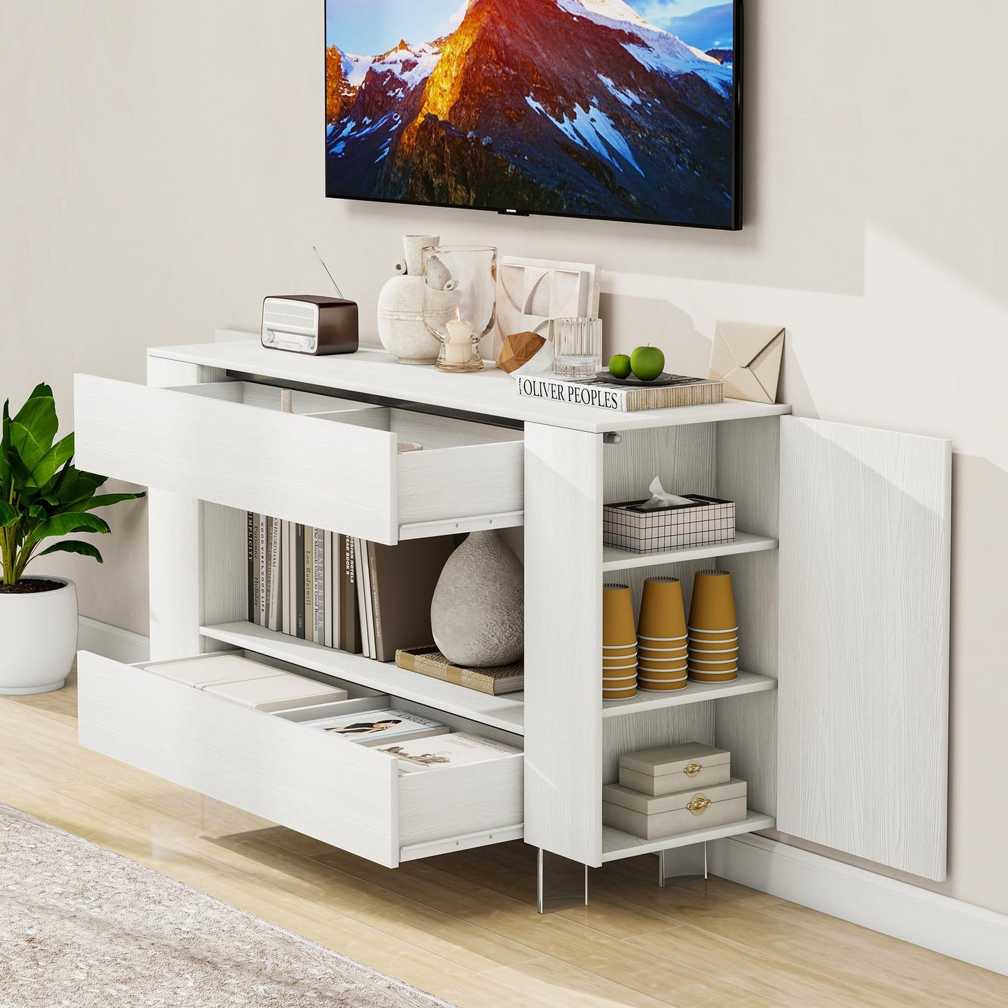 55" TV Stand with 2 Drawers & Hidden Storage Cabinets, White Wood Grain