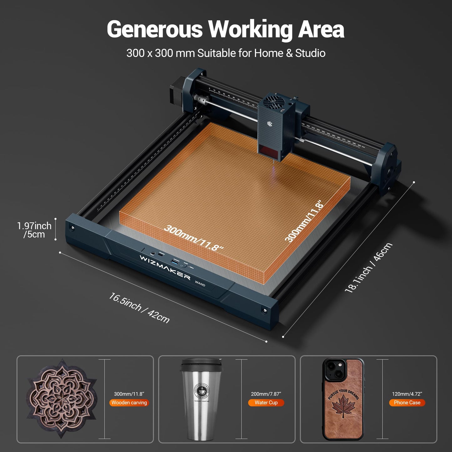 WIZMAKER Laser Engraver 12000mW, Compact Desktop Engraving Cutting Machine for Wood DIY Crafts, Small Business STEM Makers, 300×300mm Work Area, for Home, Acrylic, Metal 12W Laser Cutter