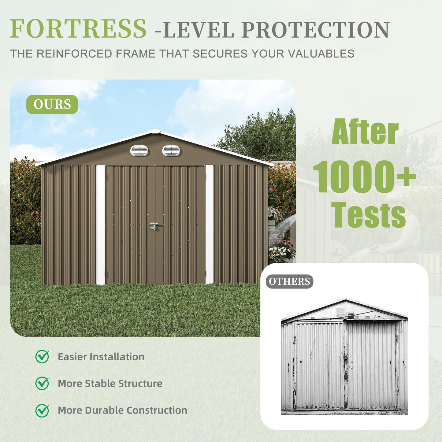 KEIKI 10x12 FT Metal Outdoor Storage Shed, Heavy Duty Steel Garden Tool Shed with Lockable Doors, Window & Sloped Roof, Waterproof Backyard Patio Storage Building, Coffee