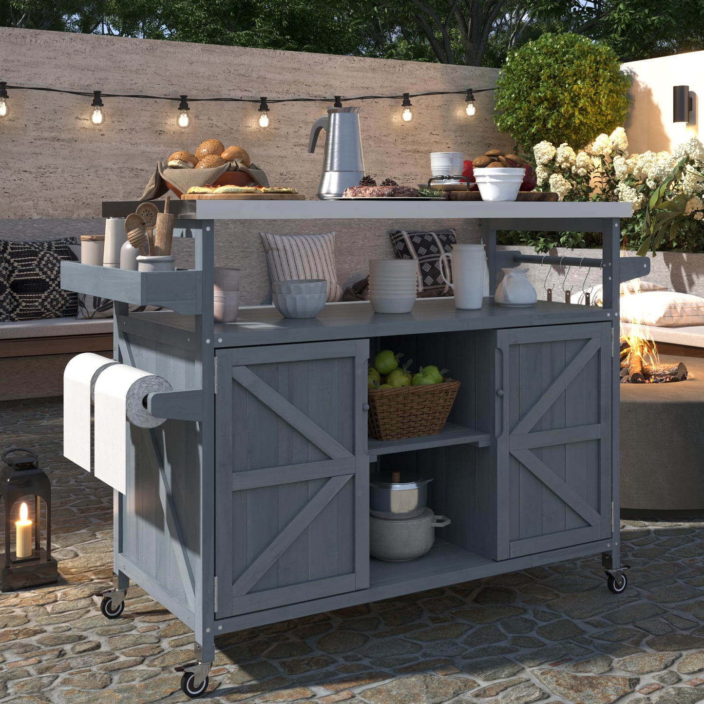 Ball & Cast Outdoor Kitchen Island,Rolling Bar Cart & Storage Cabinet,Farmhouse Solid Wood Outdoor Grill Table with Stainless Steel Top,Spice and Towel Rack,for Kitchen,Barbecue,Grey+Blue,50.25"