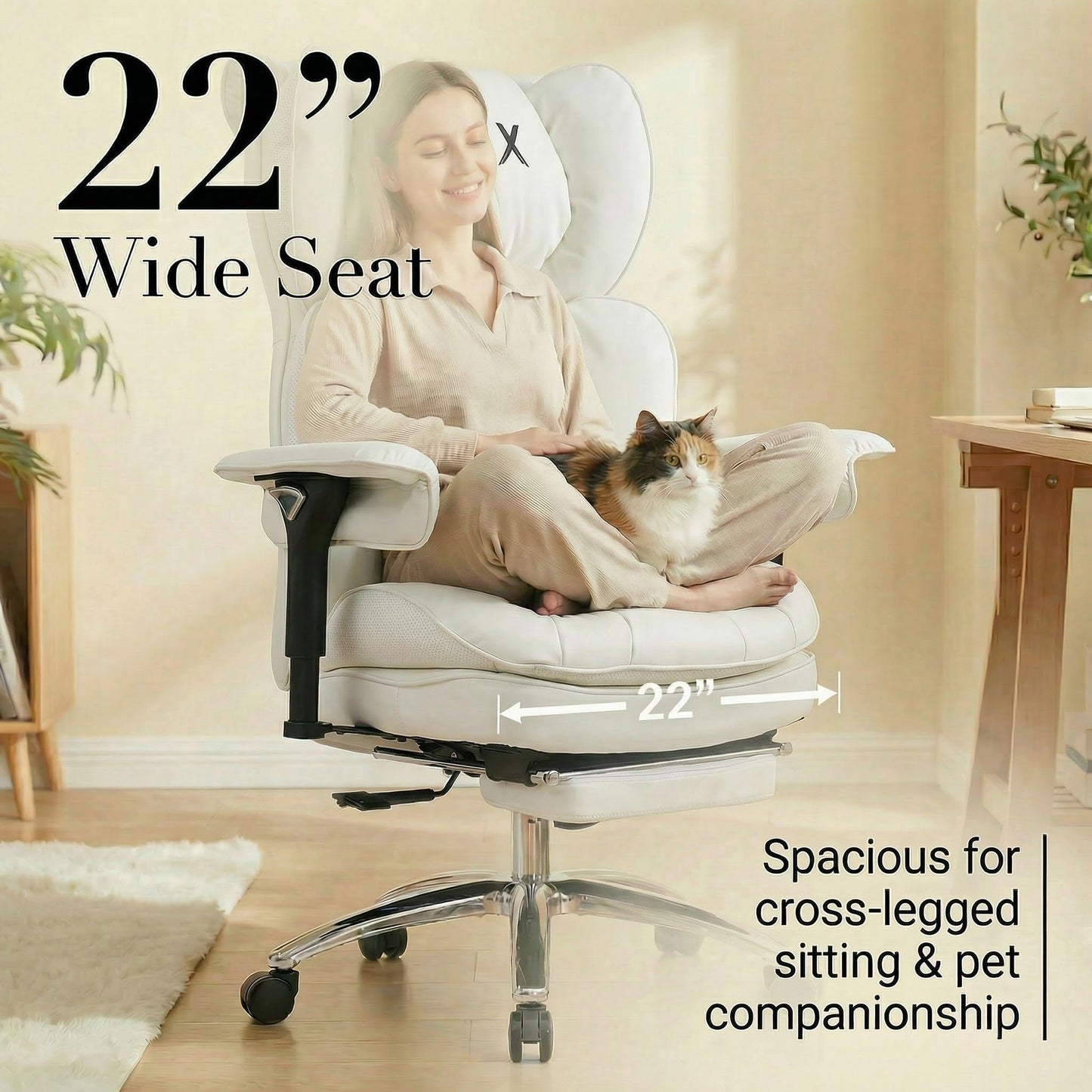 Efomao Big and Tall Desk Chair 400lbs, 22" Extra Wide Executive Office Chair with 3D Armrests & Footrest, Ergonomic Heavy Duty Chair, White