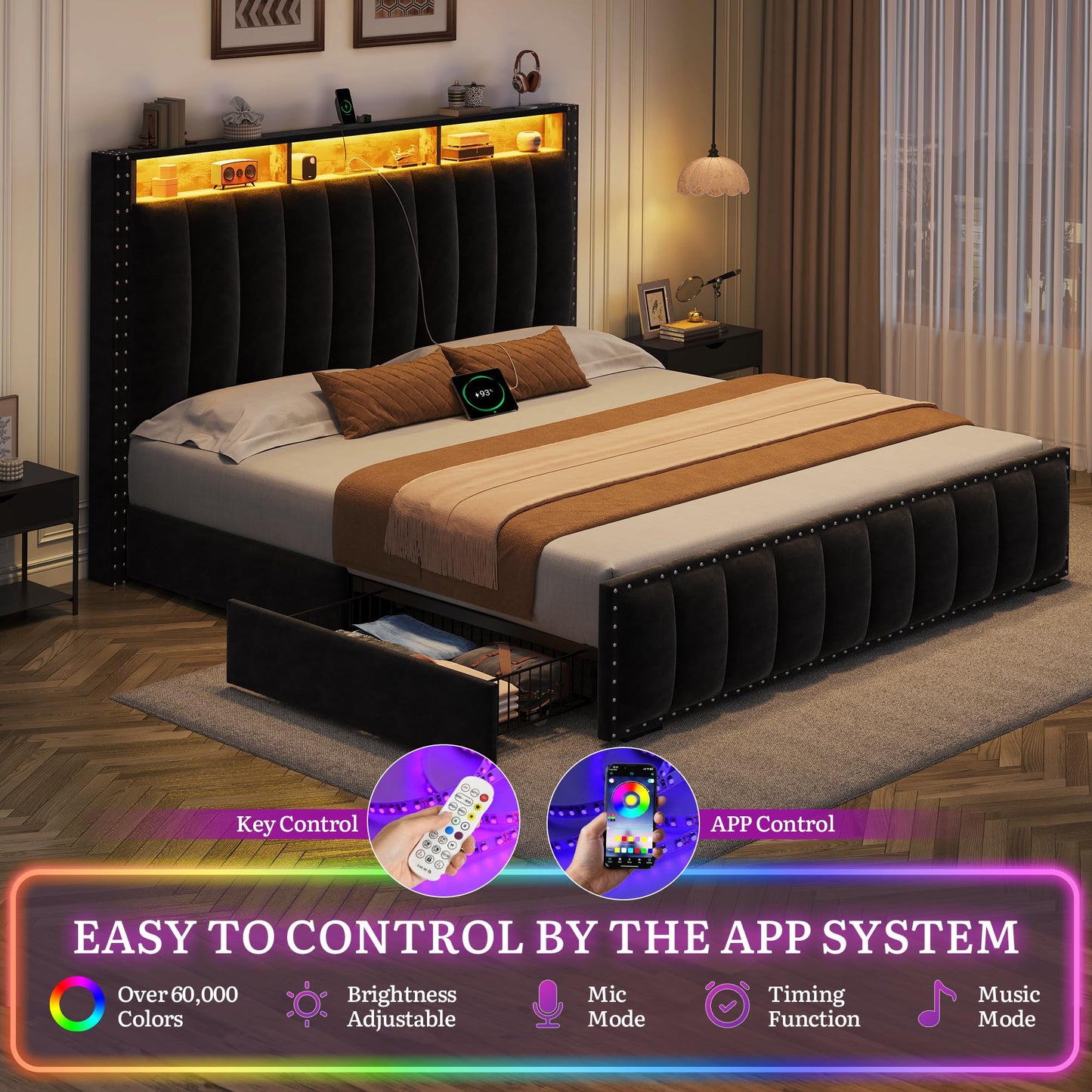 DWVO Queen Size Bed Frame with 4 Storage Drawers and RGB LED Lights, Velvet Upholstered Platform Bed with Charging Station and Bookcase Storage Headboard, No Box Spring Needed, Easy Assembly, Black