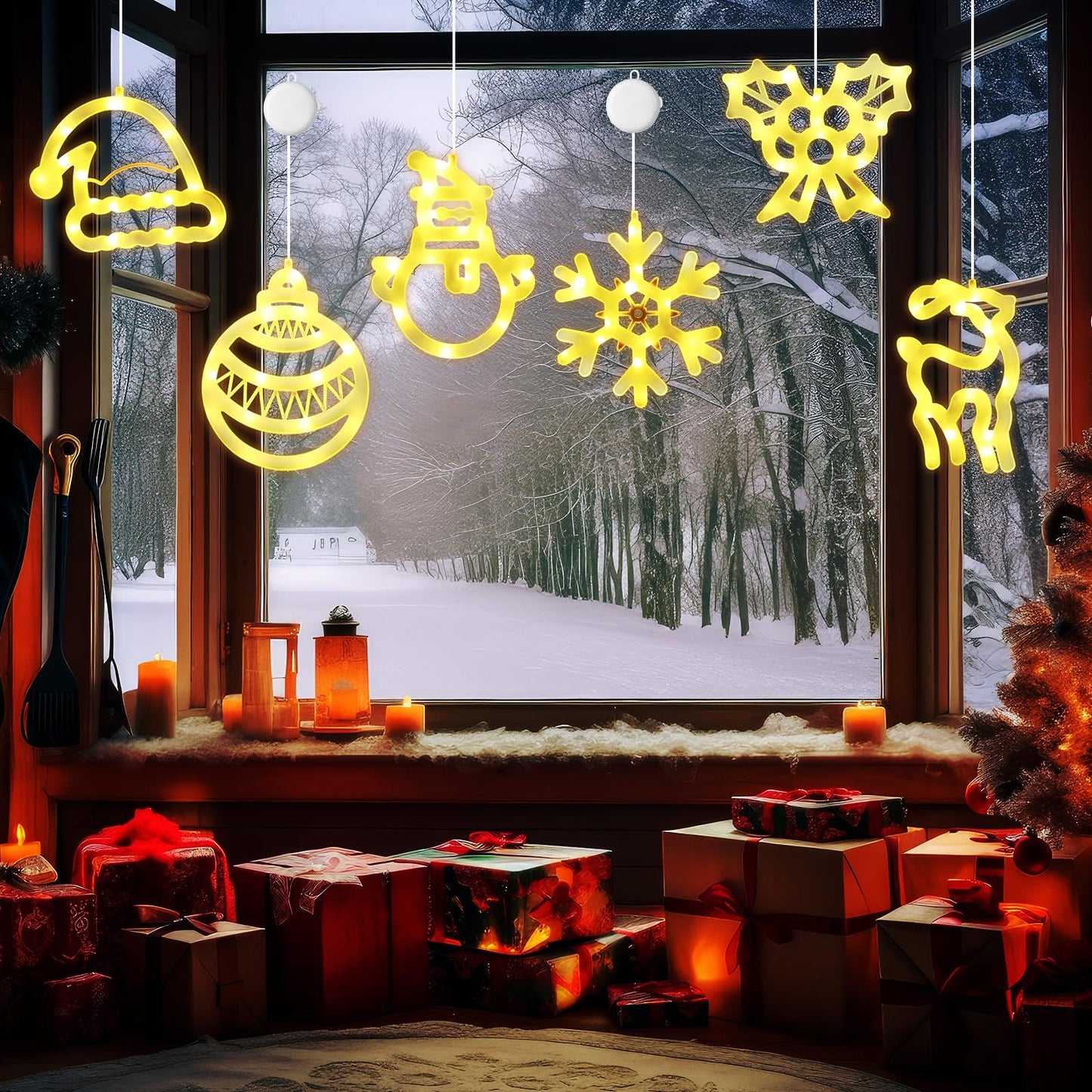Gejoy Christmas Window Lights - 6 Pcs Warm White Acrylic Silhouette Decor, Timer Suction Cup, GJ-Gejoy-887, Cute Style
