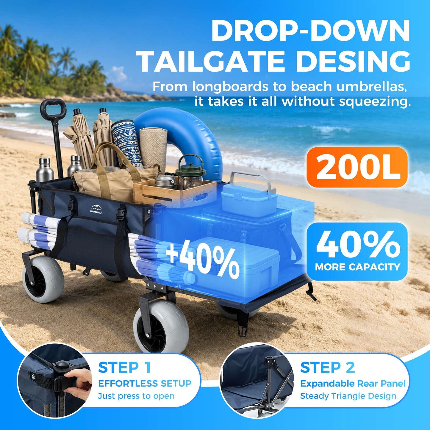 Heavy Duty Beach Wagon with 9" Big Sand-Proof Wheels, Extended Tailgate Design, 440lbs Folding Wagon Cart, 41" Utility Wagon with Side Bag, Adjustable Handle for Sand, Outdoor