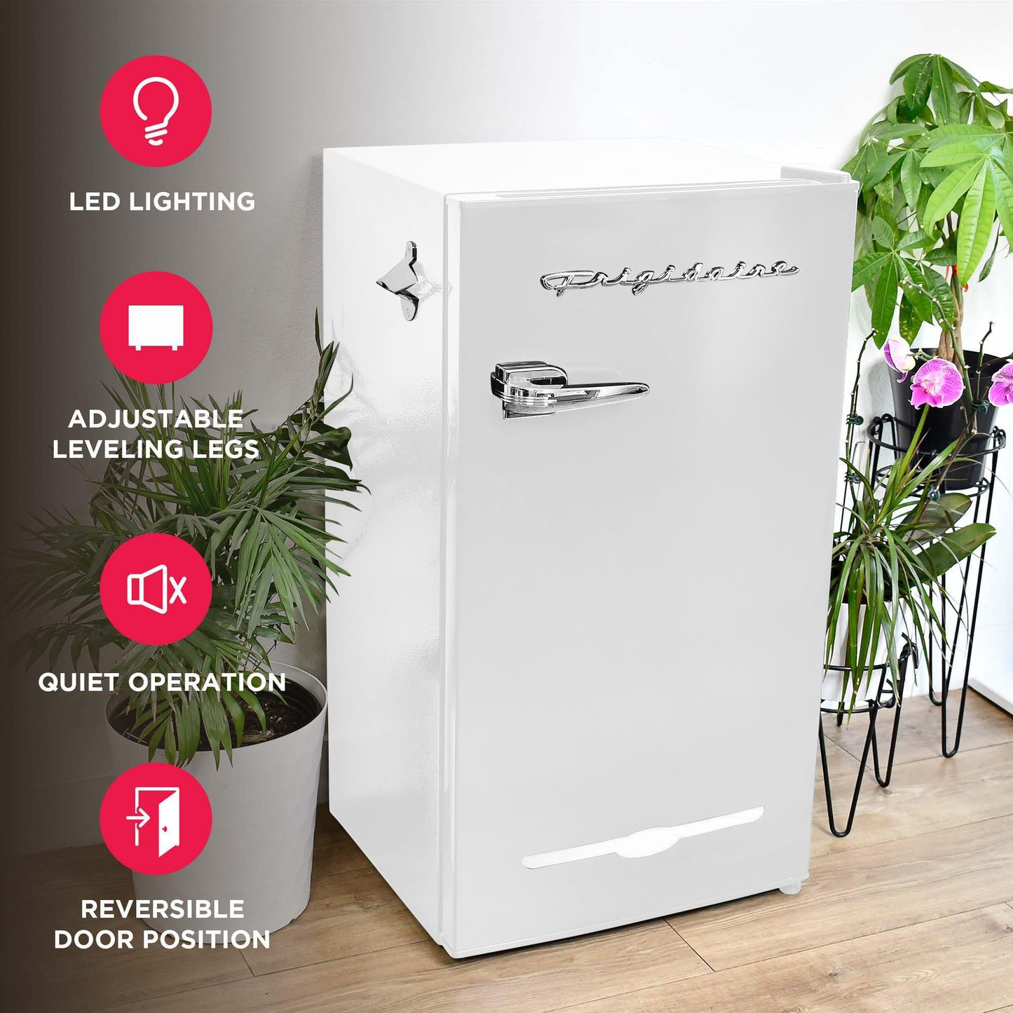 Frigidaire Retro Compact Fridge with Chiller, 3.2 cu ft Countertop Fridge with Built-In Bottle Opener, Compact Refrigerator for Office, Bedroom, Dorm Room or Cabin - 18.7"D x 19.01"W x 33.27"H (White)