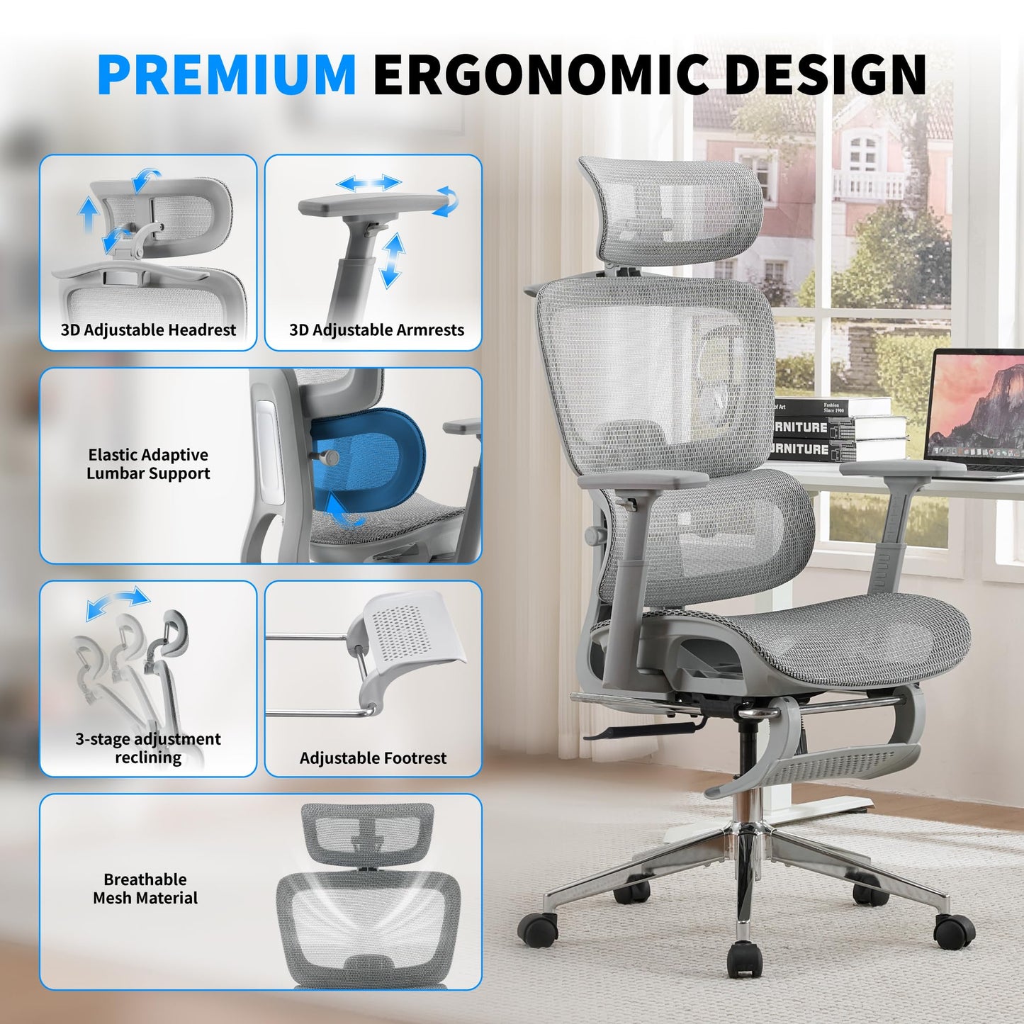 hujusko Mesh Ergonomic Office Chair with Footrest, High Back Mesh Gaming Chair with Lumbar Support, Adjustable Headrest and Armrests for Home Office Desk Chair (Modern, Grey)
