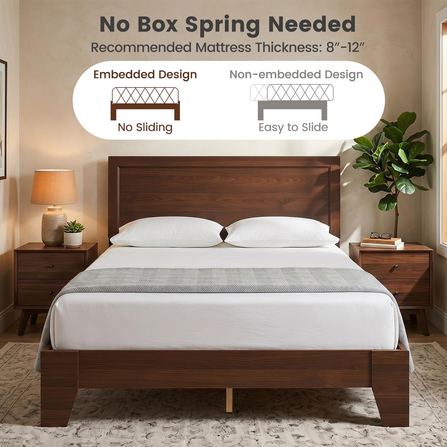 KOMFOTT Full Size Bed Frame, Mid-Century Modern Platform Bed with Headboard, Wooden Slat Support Mattress Foundation, Under-Bed Storage Space, No Box Spring Needed (Walnut,Full)