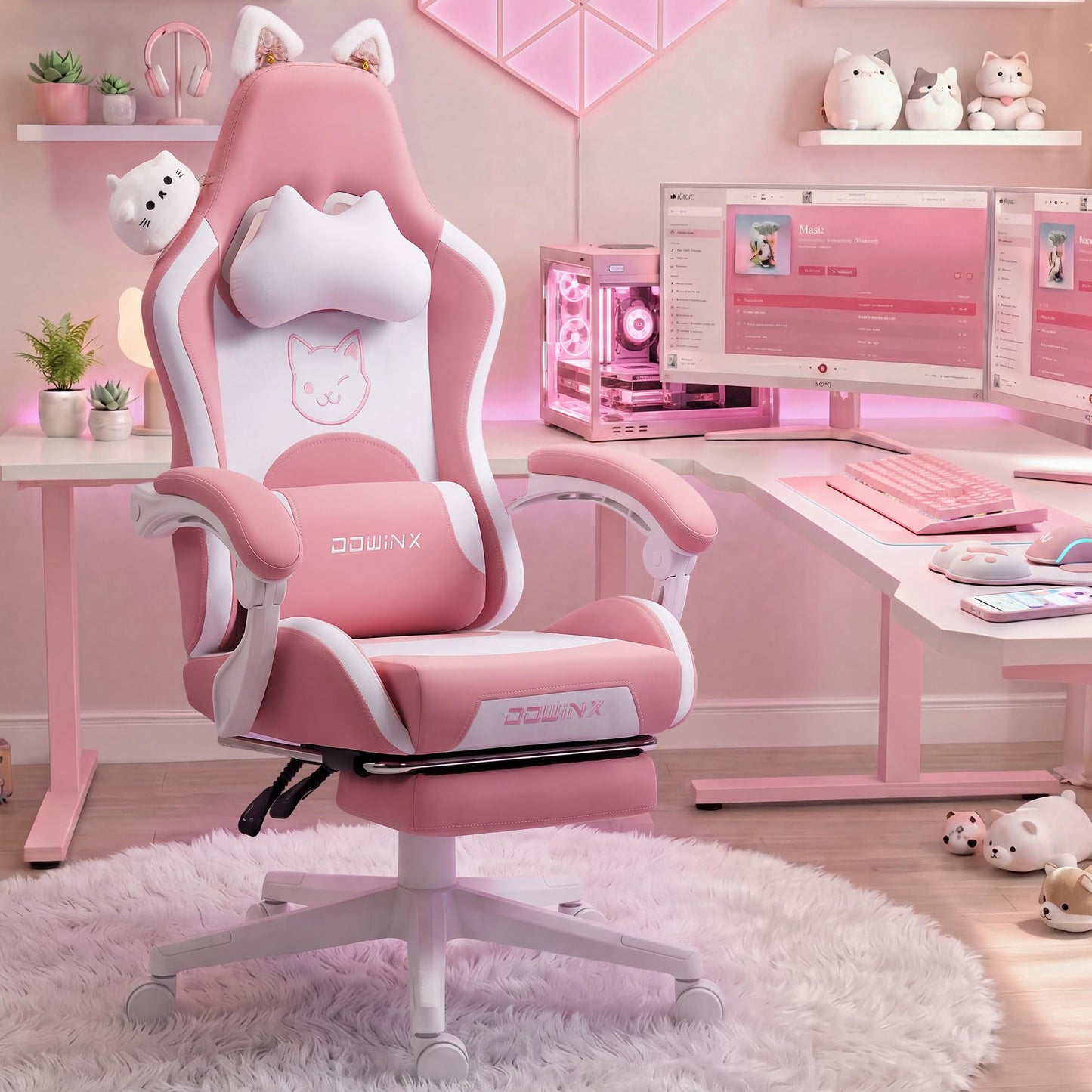Dowinx Gaming Chair Cute with Cat Ears and Massage Lumbar Support, Ergonomic Computer Chair for Girl with Footrest and Headrest, Comfortable Reclining Game Chair 290lbs for Adult, Teen, Pink