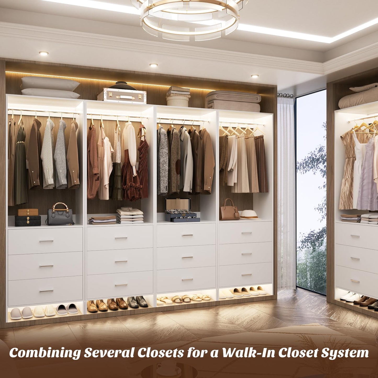 Aheaplus Closet System Closet Organizer, Wood Closets Organizer System, Walk-in Closet or Wardrobe, Clothes Rack with Hanging Rods, 8FT Closets, Set of 4, White