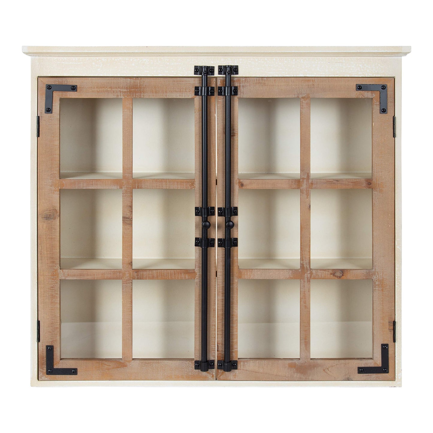 Kate and Laurel Hutchins Decorative Farmhouse Wood Wall Cabinet, 30 x 6.5 x 27.5, White and Brown, Wall Cabinet with Window Pane Glass Door