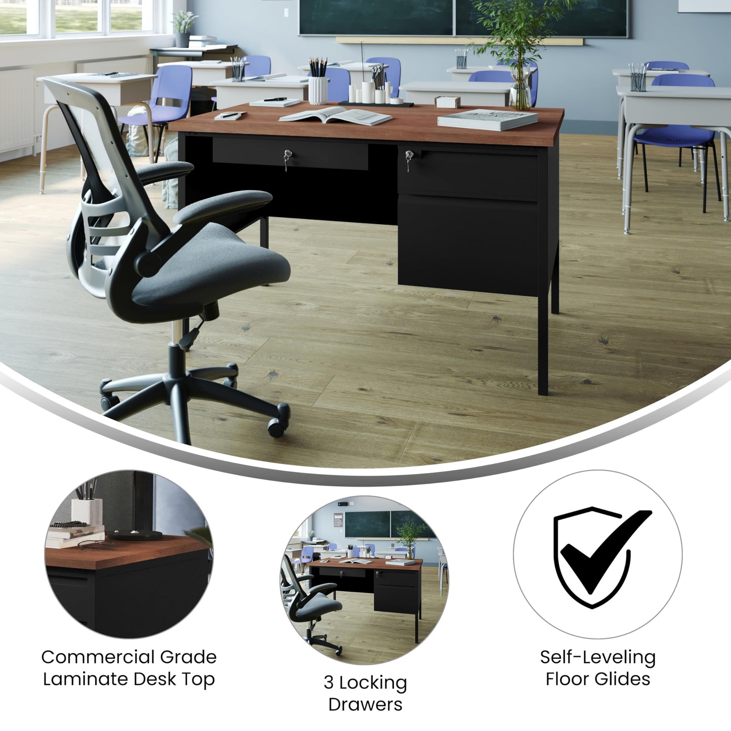 Flash Furniture Cambridge Right Side Single Pedestal Desk with 3 Locking Drawers, Commercial Grade Teacher's or Office Desk, 30x48, Metal Frame, Walnut/Black