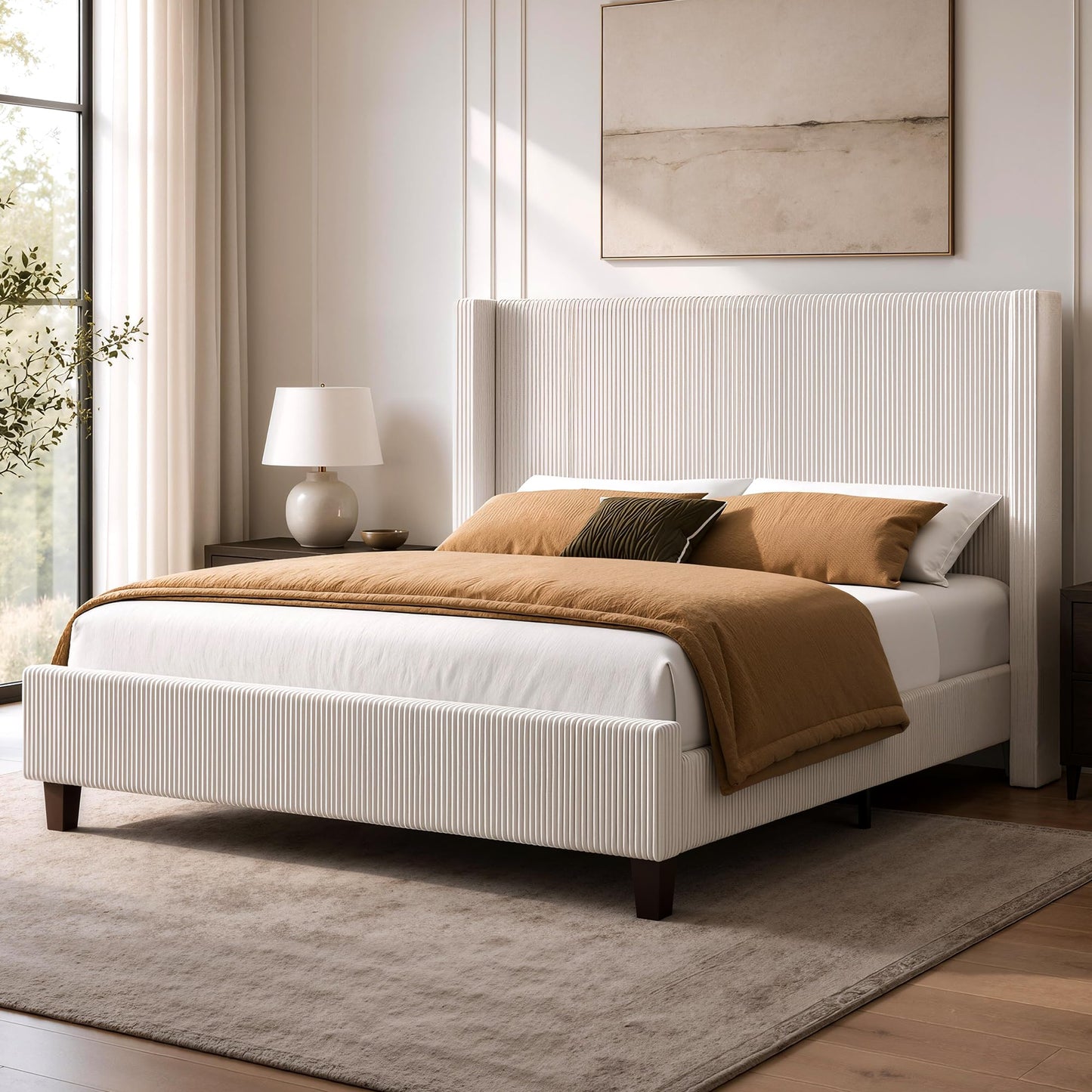 HOWE King Size Bed Frame with 50.8 Inch Corduroy Wingback Headboard, Cream