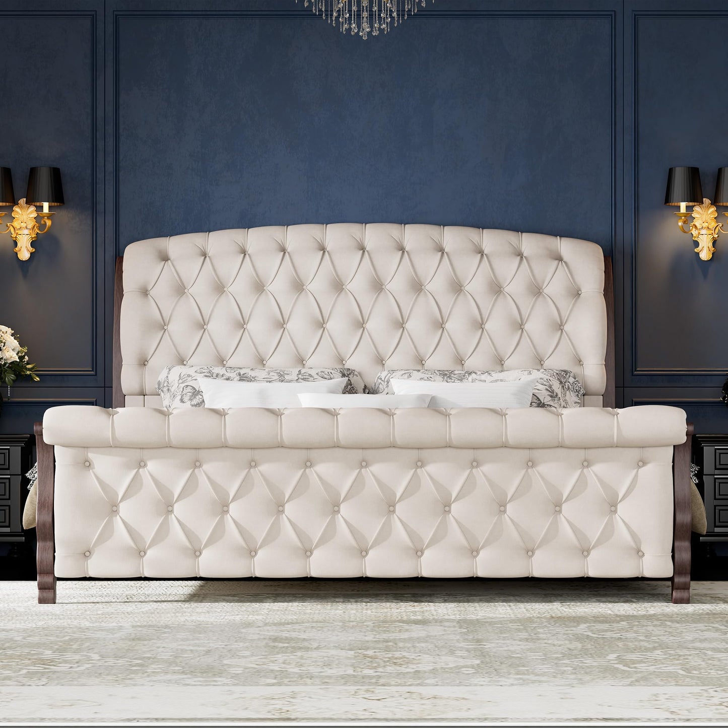 AMERLIFE Upholstered King Bed Frame, 53" Tall Sleigh Bed with Button Tufted Chenille Headboard and Footboard, Platform Bed with Carved Solid Wood Legs, No Box Spring Needed, Cream