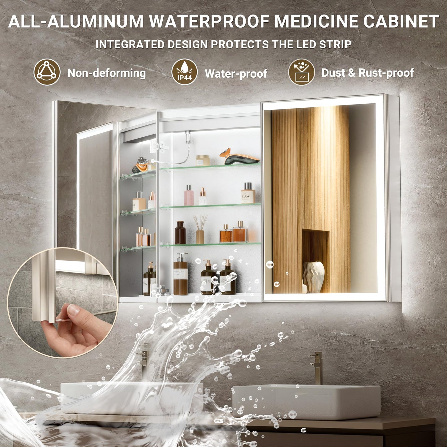 QueenFun Lighted Medicine Cabinet with Mirror, 20x26 Beveled Brushed Nickel Framed Surface or Recessed Fogless Dimmable LED Medicine Cabinet with Outlet, Time Display and Sensor Inner Light