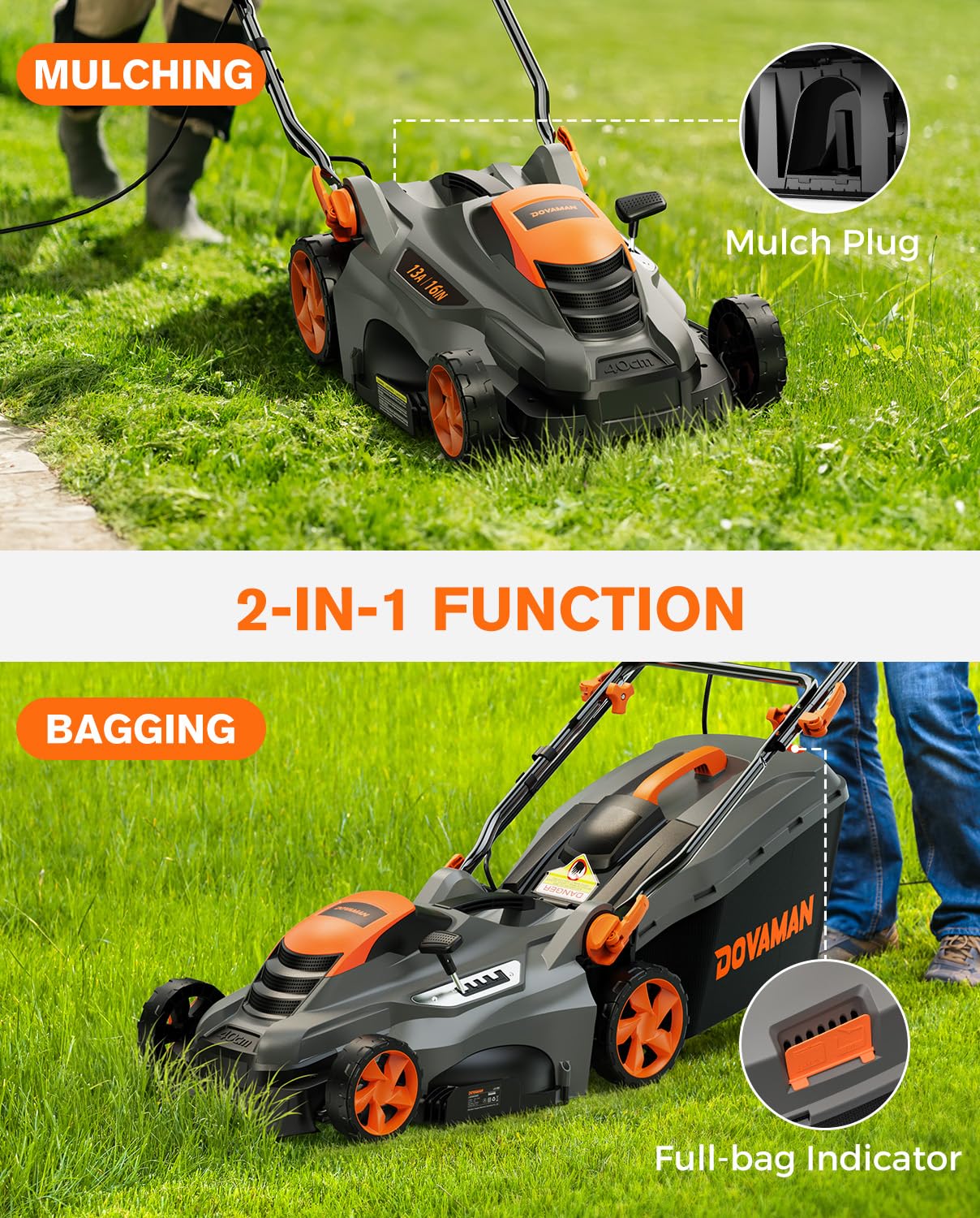 DOVAMAN 13Amp 16" Lawn Mower, 98% Collection, 13.2-Gallon Bag, 5-Position Height Adjustment, 3-Step Quick Vertical Fold Storage, 2-in-1 Mulching & Bagging, Corded Lawn Mower for Your Garden
