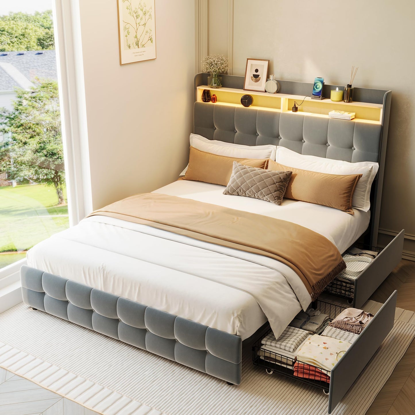 Queen Size Upholstered Bed Frame with LED Headboard, 2 Storage Drawers, Charging Socket and USB Port, Soft Fuzzy Soft, Noise-Free Metal Platform for Bedroom, No Box Spring Needed, Natural Wood Shelf