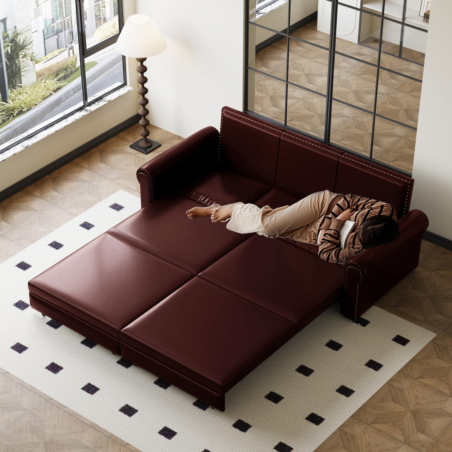 KEIKI 94" Chesterfield Sofa with Pull-Out King Sleeper Bed, 3-in-1 Convertible Faux Leather Sofa Bed, Rolled Arm Upholstered Couch for Living Room, Bedroom, Office, Burgundy