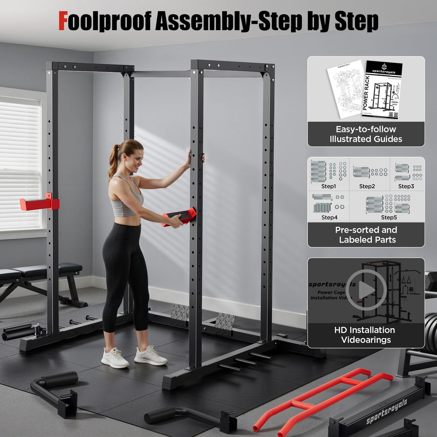 Sportsroyals Power Rack, Multi-Functional Power Cage, Squat Rack with Pulley System & LAT Pull Down, Workout Cage with J Hooks for Home Gym