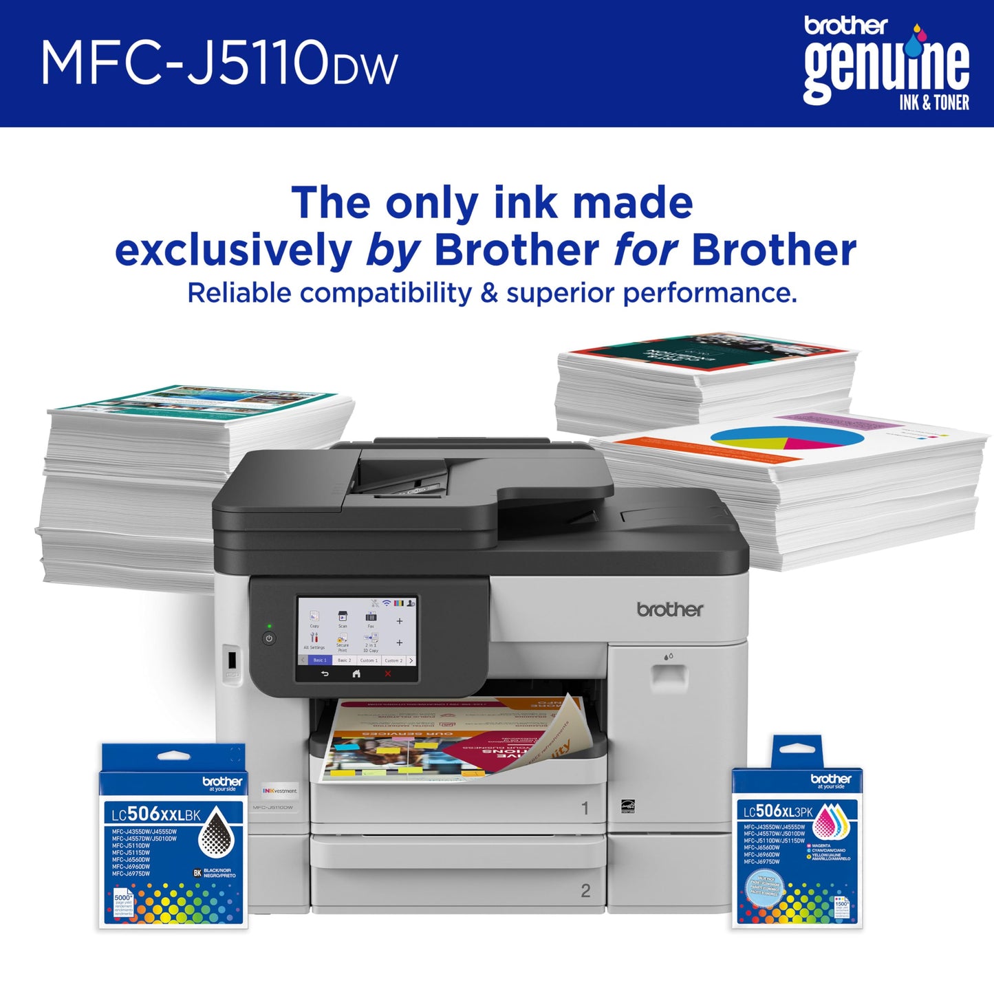 Brother INKvestment 5110 Wireless Color Inkjet All-in-One Printer with a 500-sheet Paper Tray Capacity and a 4.3” Color Touchscreen (MCF-J5110DW)