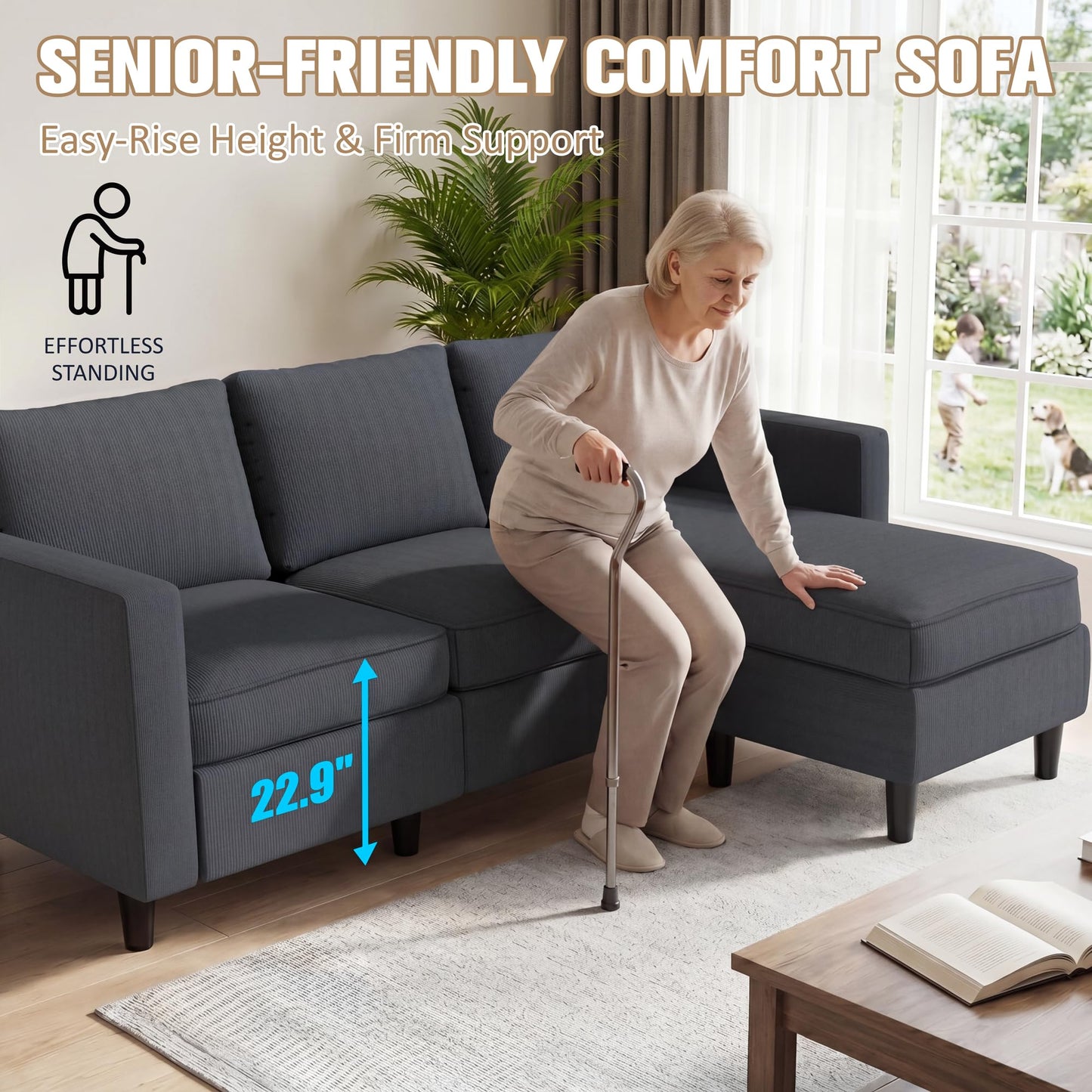 JAMFLY Couches for Living Room, 3-Seat Reversible Sectional Sofa with Convertible Ottoman, Modern Ribbed Fabric L-Shaped Couch for Small Apartment, Studio & Office, Easy Assembly, Grey