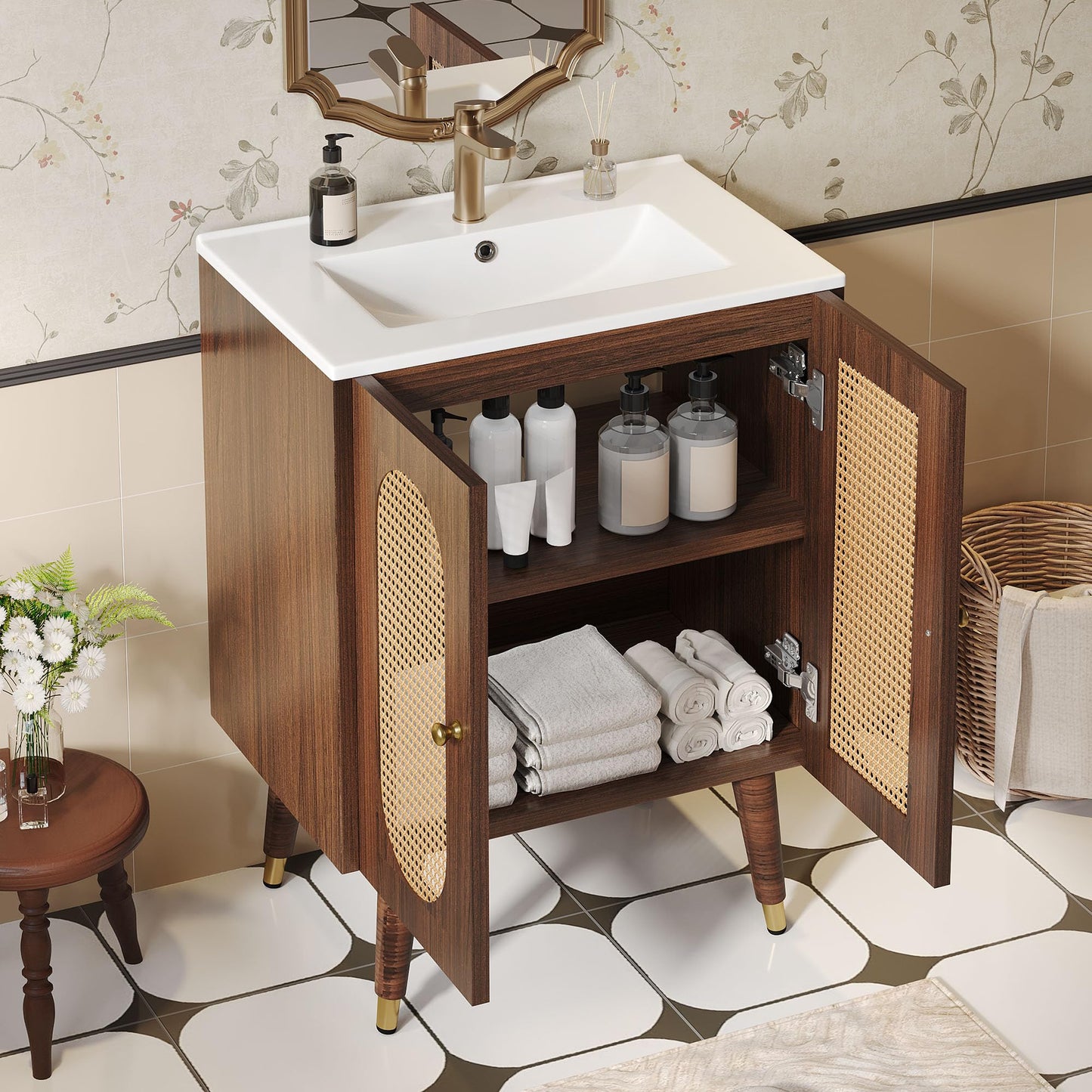 DWVO 24 Inch Rattan Vanity with Sink, Small Freestanding Bathroom Vanity Cabinet, Boho Style with 2 Large Soft-Closing Doors & Four-Sided Water Barrier Strip, Walnut