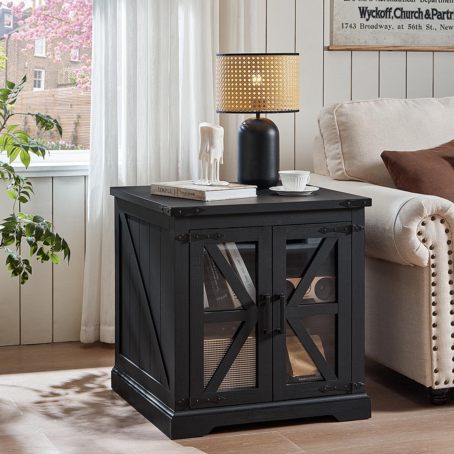 Joaxswe 24" End Table Set of 2 with Charging Station, Farmhouse Night Stand with Glass Barn Door, Nightstands with Adjustable Storage Shelf, Large Wood Square Bed Side Table for Living Room,Bedroom