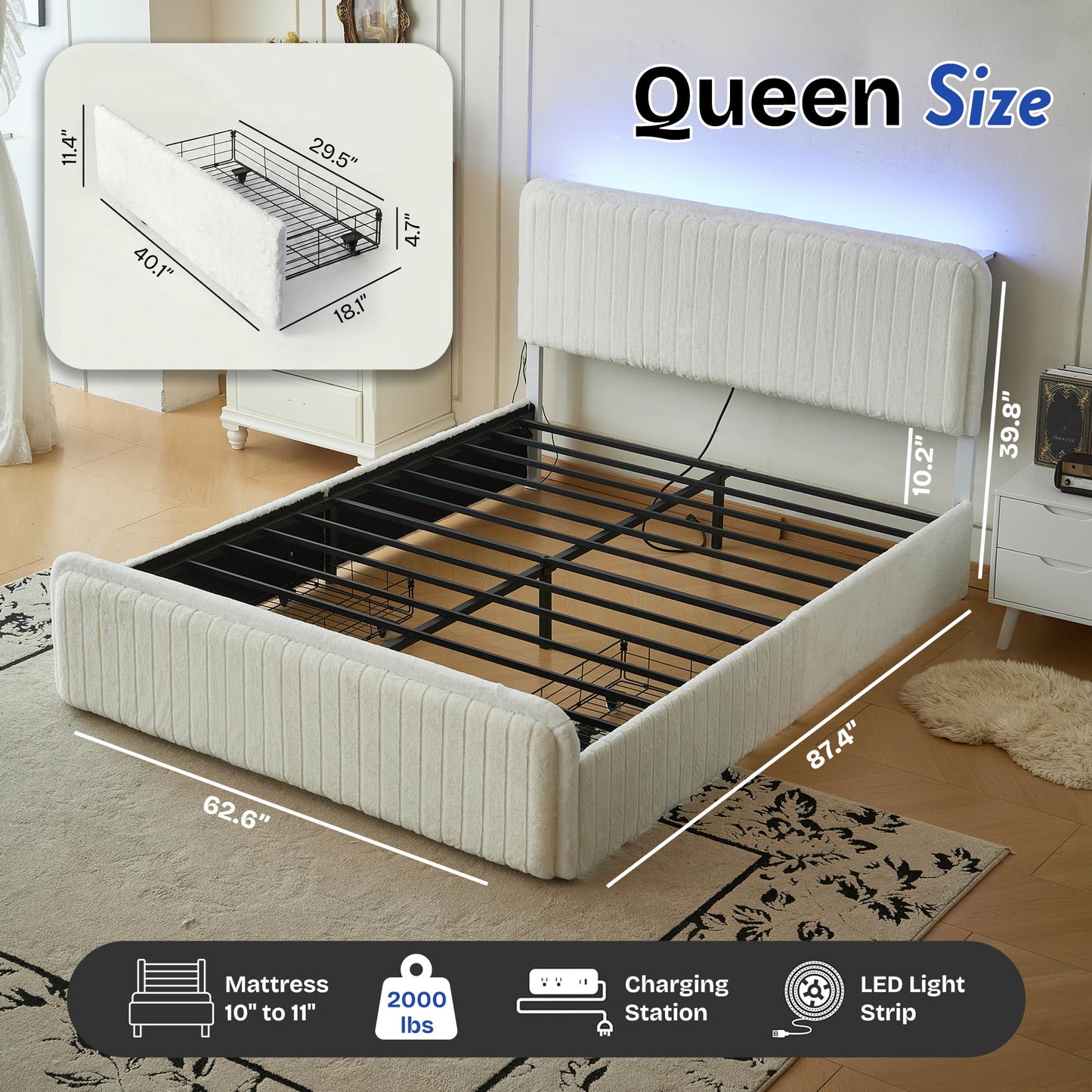Queen Bed Frame with 2 Storage Drawers & Headboard, Upholstered Platform Bed Frame Queen Size with LED Lights & Charging Station, Metal Slats Support, No Box Spring Needed, Noise Free, Easy Assembly