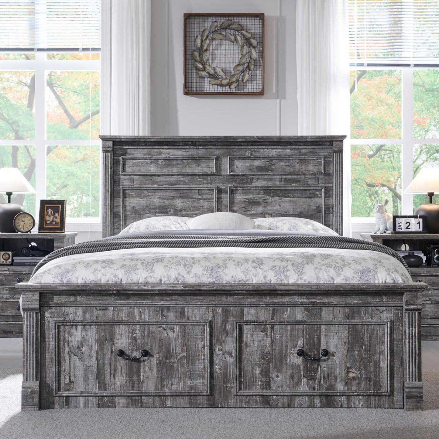 Aitjunz Farmhouse Queen Size Bed Frame with 51" Tall Headboard, Wood Platform Bed Frame with 20" Tall Roman Column Decoration Footboard & 2 Large Storage Drawers, No Box Spring Needed (Light Grey)