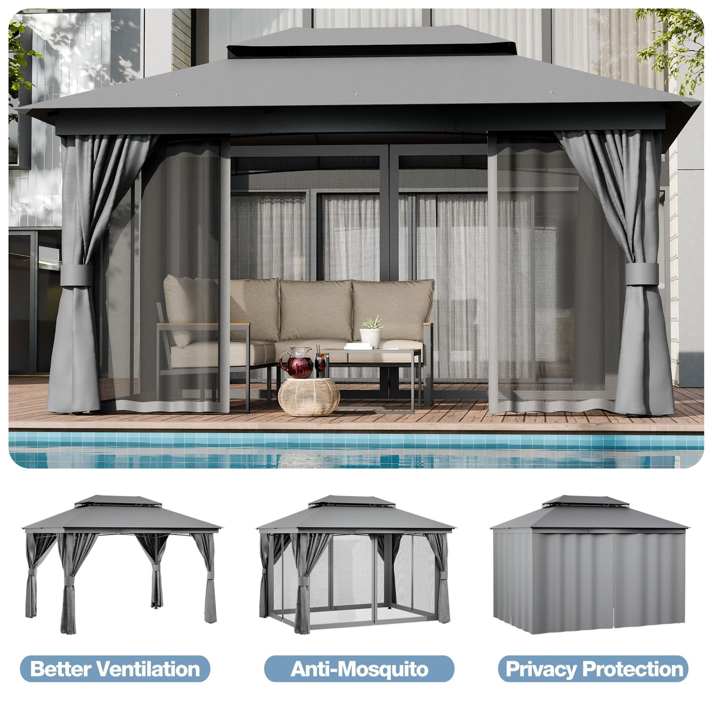 COMLAX FIELD Outdoor Gazebo 10x13 with Mosquito Netting and Privacy Screens, Screen Tent with Double-Roof, Heavy Duty Shelter Canopy Tent, Patio Gazebo for Backyard, Garden, Lawn, Party