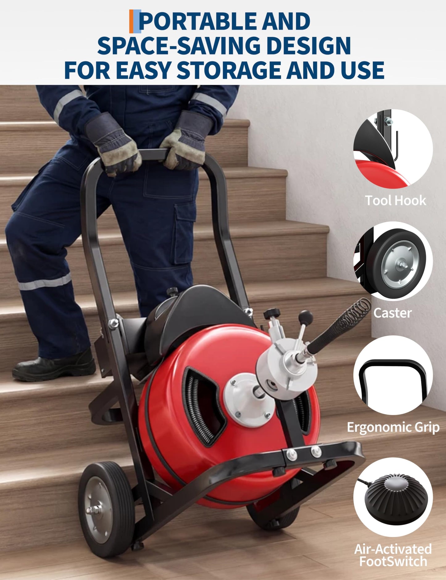 Drain Cleaner Machine 100FT x 1/2 Inch Steel Core Cable Portable 370W Electric Drain Cleaning Machine With Sewer Auger, Cutter, Air-activated Foot Switch, Wheels for Commercial, Home