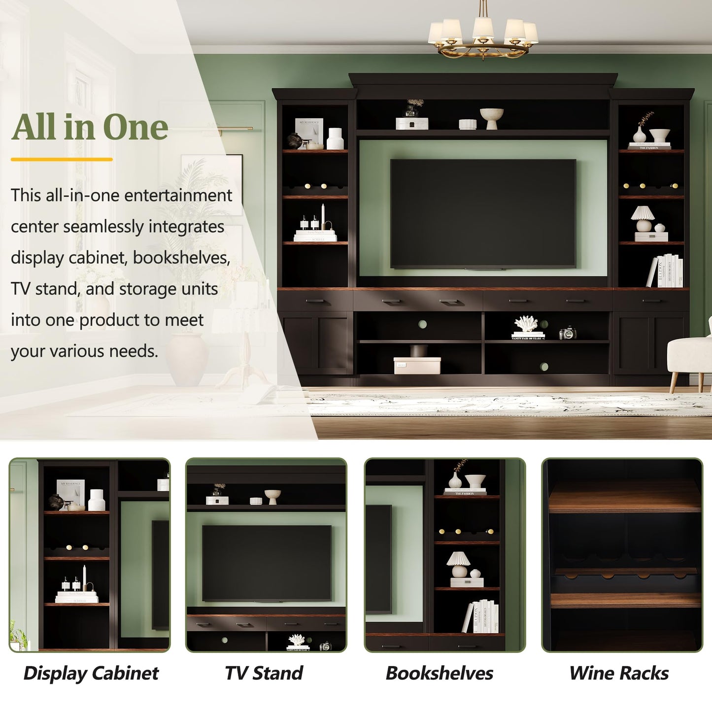 Merax Minimalist Entertainment Wall Unit Set with Ample Storage Space and Adjustable Shelves, TV Stand for Televisions Up to 70'', Mid-Century Large Media Console with Wine Rack for Living Room, Black