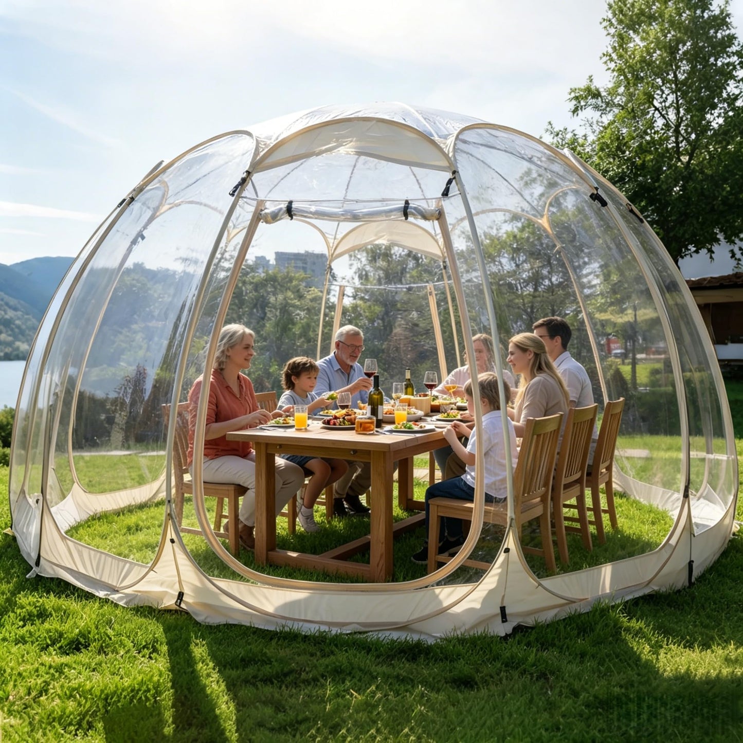 Pop Up Bubble Tent,15 x 15 ft Outdoor Greenhouse Clear Camping Shelters,8-12 Persons Igloo Tent,PVC 540°Degree Fully Transparent,Weatherproof and Cold Protection Portable,for Patio and Backyard