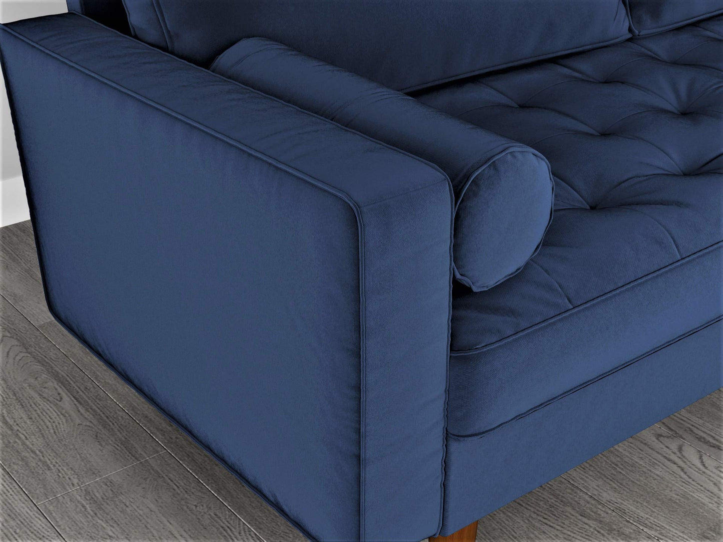 Container Furniture Direct Womble 58 Inch Velvet Loveseat Sofa with Elegant Button Tufted Upholstery, Square Arms, Splayed Wood Legs, Includes Matching Bolster Pillows, Denim Blue
