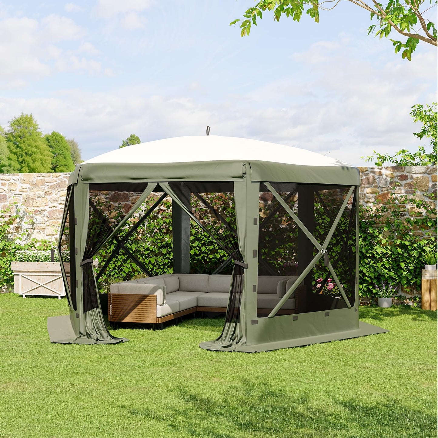 Garvee 13FT Pop-Up Gazebo 6-Sided, Outdoor Canopy Tent with Mosquito Netting & Removable Wind Cloths for Camping, Backyard Parties, Outdoor Events, Army Green