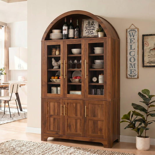 Merax 73" Tall Arched Kitchen Pantry Cabinet, Farmhouse Storage Cabinet with 3 Glass Doors, Adjustable Shelves & Door Racks, Tall Cupboard for Dining Room, Bathroom