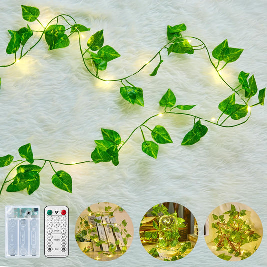 Minetom Fairy Lights - 21ft 60 LED Green Pothos Garland with Remote Control, Hanging Leaf String Lights for Bedroom and Dorm Room Decor
