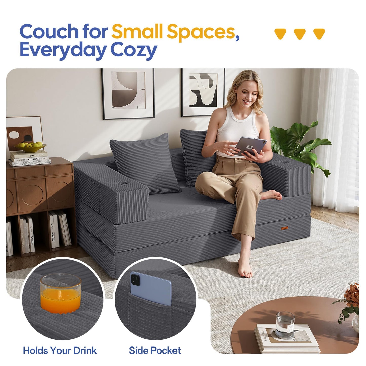 COMAX Futon Sofa Bed, 4‑in‑1 Convertible Sofa Bed, Folding Boneless Couches for Living Room, Fold Out Small Foldable Loveseat Floor Sleeper Comfy Mattress Lounge Space‑Saving, Grey